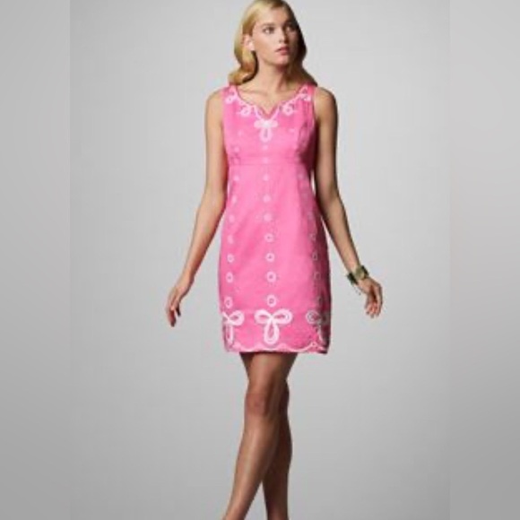 Lilly Pulitzer Pink Eyelet Dress Womens  2 Scalloped Vintage White Label Solid - Picture 1 of 1